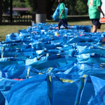 Blue bags with show boxes