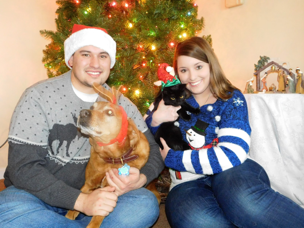 Married couple holding pets in front of Christmas tree