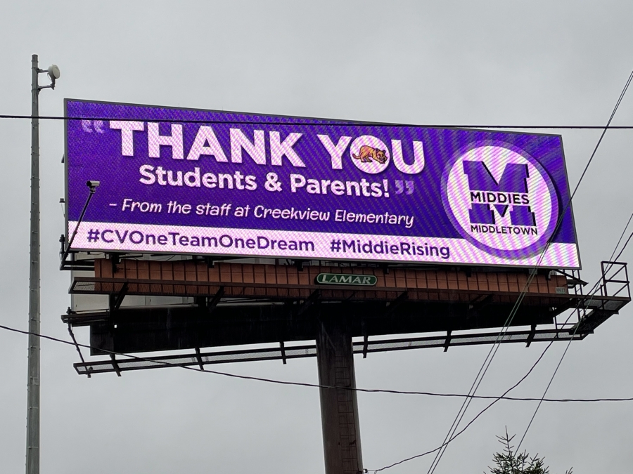 Billboard sign thanking Middletown Staff and Families
